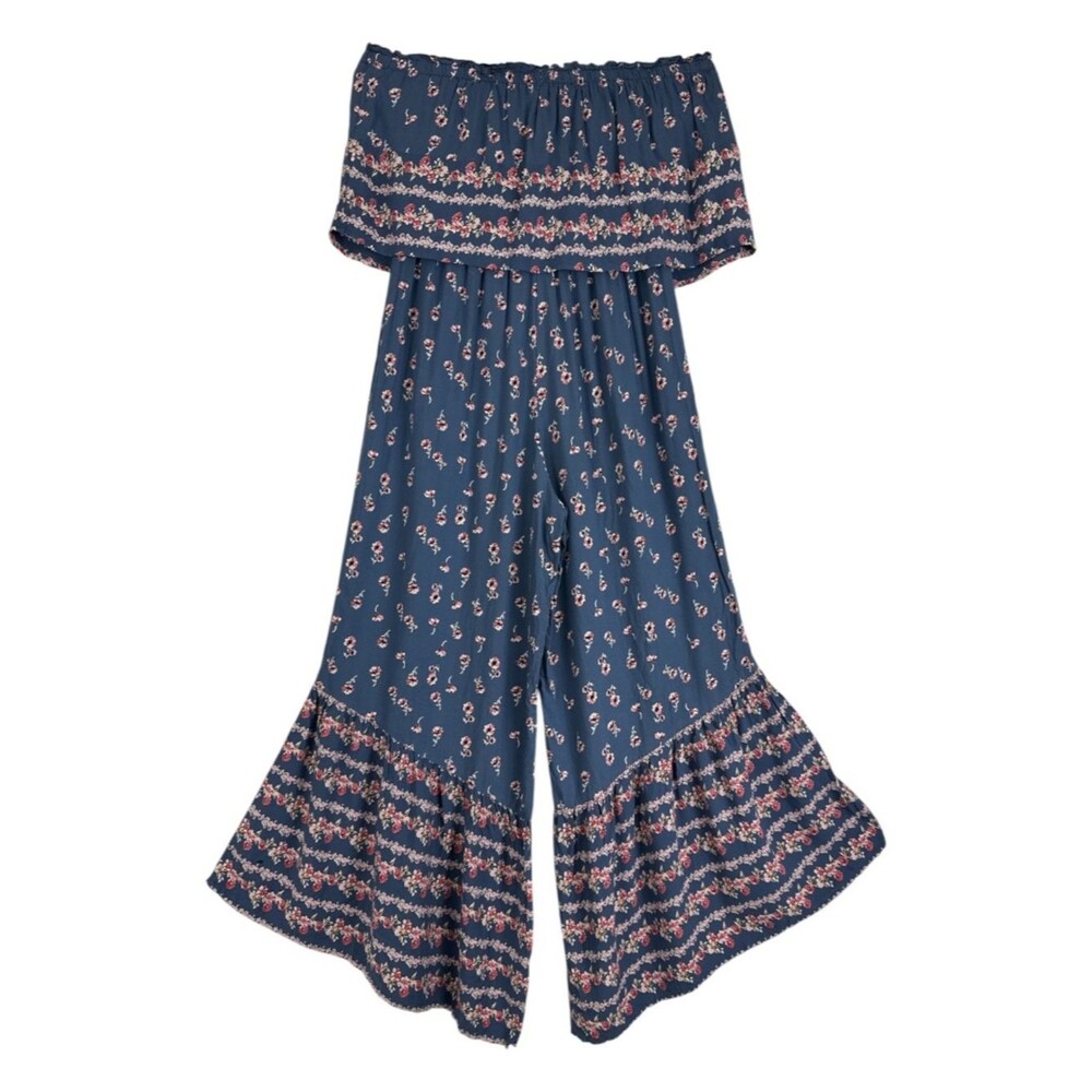 Jopana Boho Strapless Jumpsuit Rayon Floral Ruffle Wide Leg Resort Soft - Picture 5 of 7